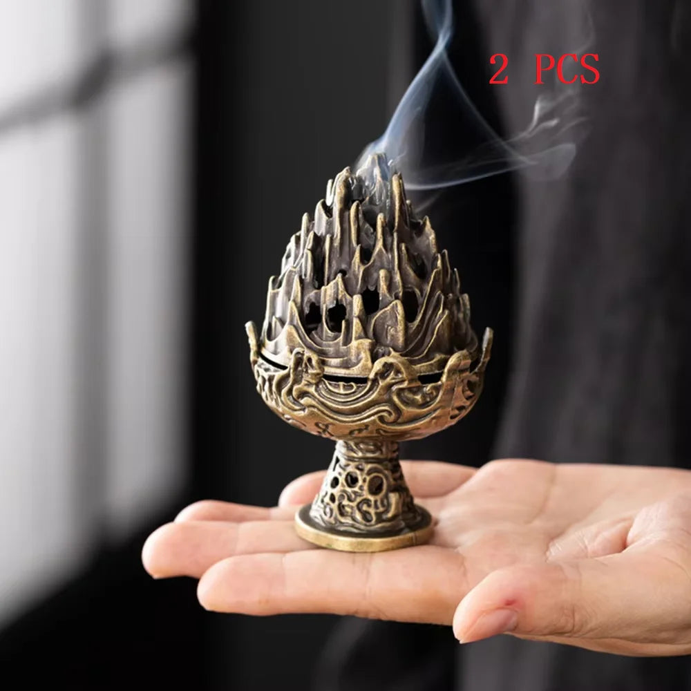Twin Mountain set of two bronze mountain incense burners; smoke rising from top