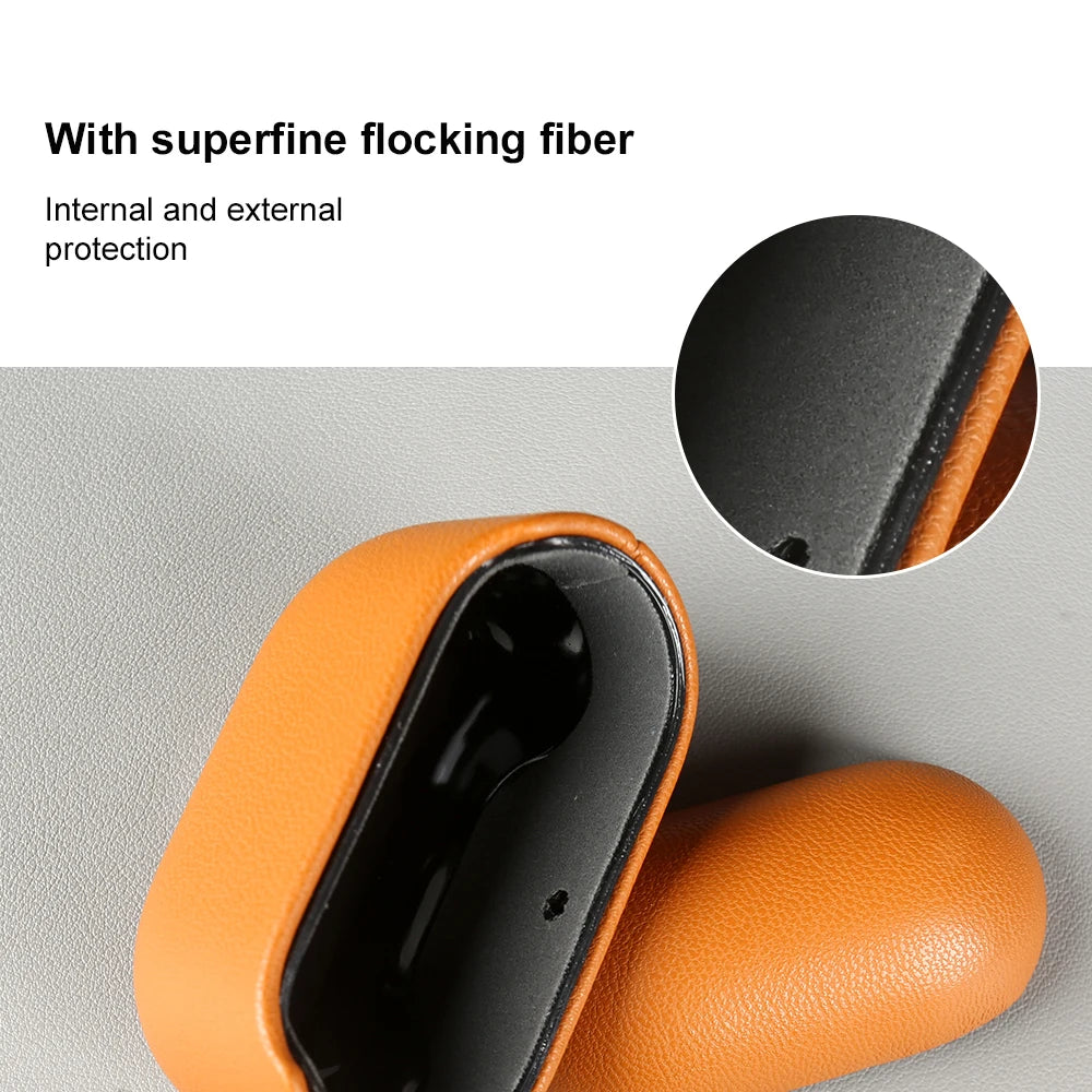 Light Brown eco leather AirPods case with black-lined interior, close-up view