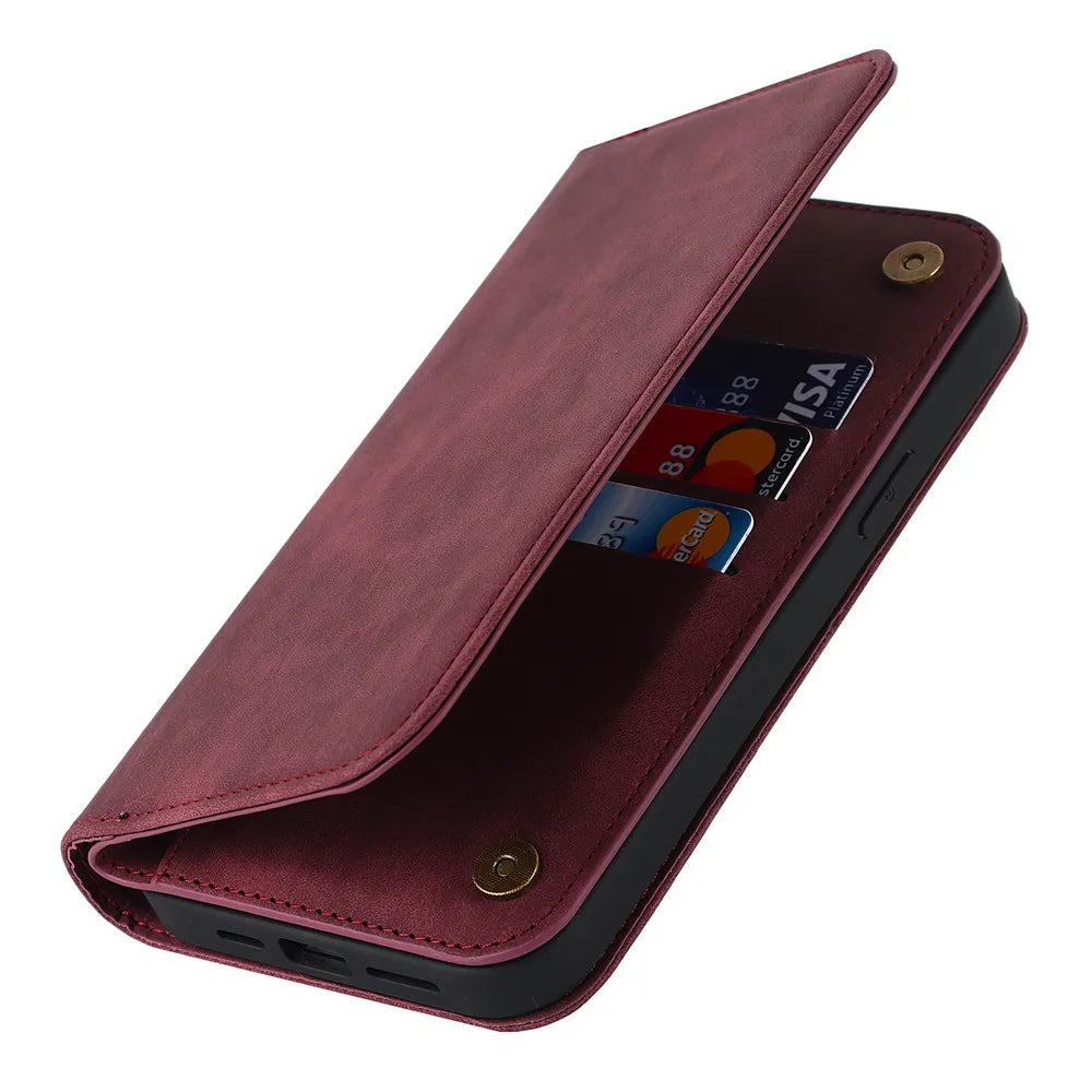Crimson red kickstand MagSafe wallet with card window and folded flap