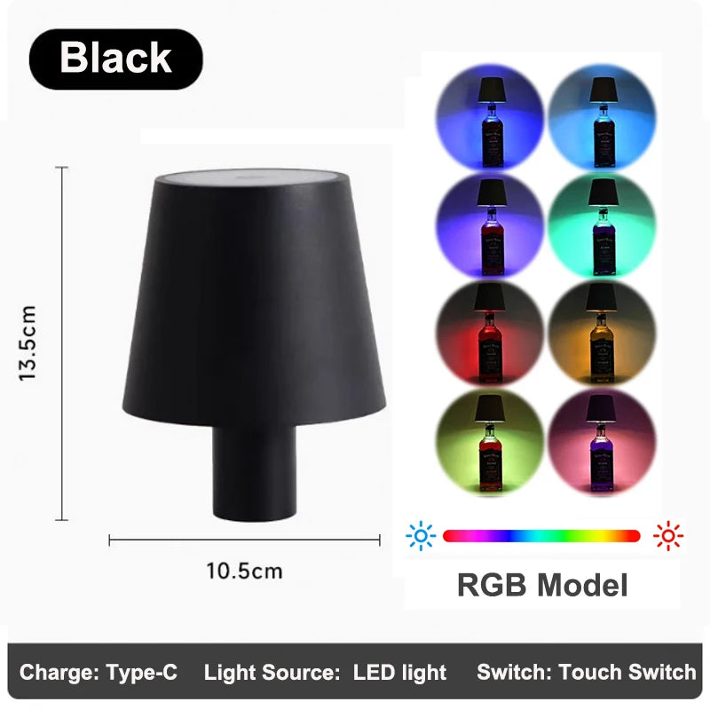 Black wine bottle LED lamp with dark shade, RGB color mode light examples