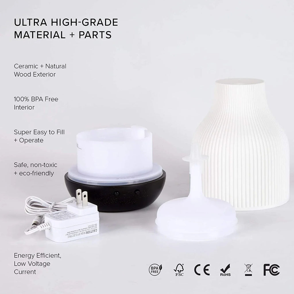 Ceramic aroma diffuser with natural wood exterior, included power adapter and top cap