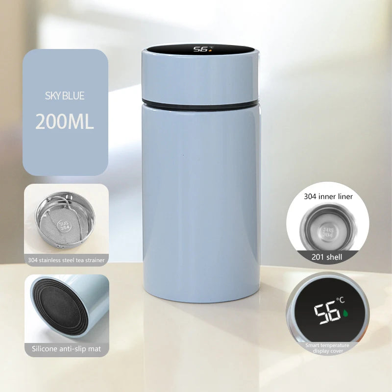 Sky blue 200ml smart thermos with filter top and temperature display on dark lid