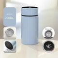 Sky blue 200ml smart thermos with filter top and temperature display on dark lid