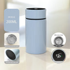 Sky blue 200ml smart thermos with filter top and temperature display on dark lid