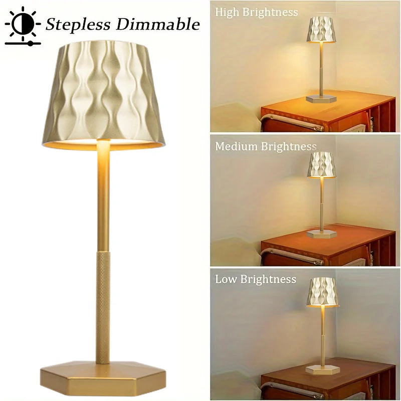 Minimalist touch lamp with pearl white rippled shade and gold-toned square base