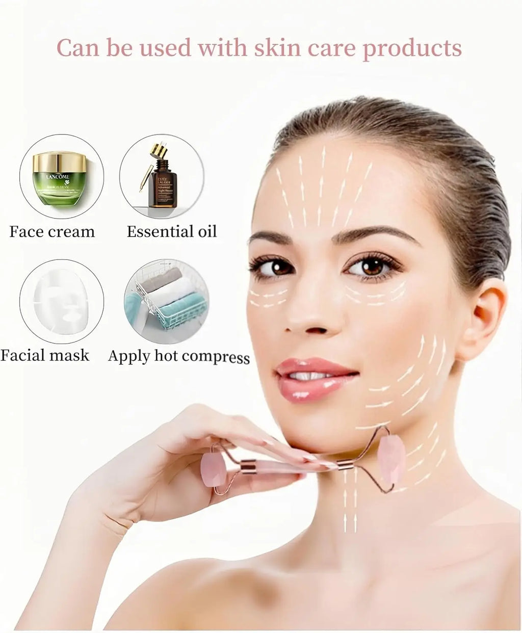 Pink gua sha and roller applied to face for facial massage