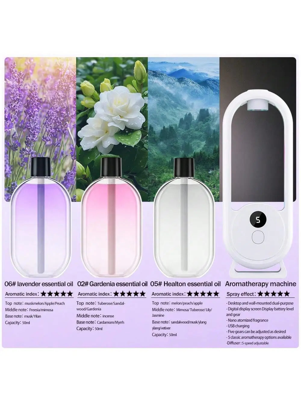 Aroma diffuser set with refill oils: lavender (purple), Gardenia (pink), healtton (white)