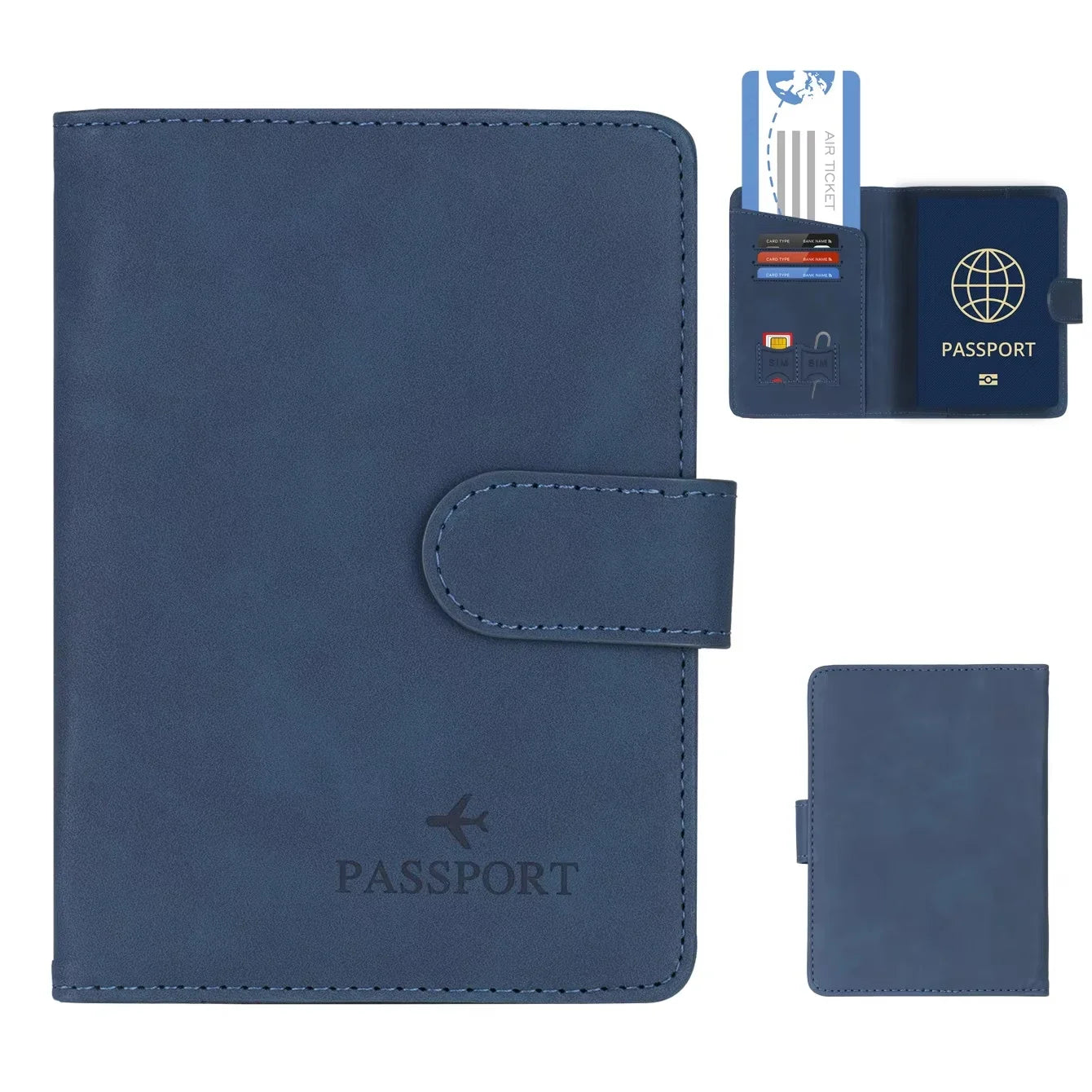 RFID passport wallet in midnight navy vegan leather, front flap with airplane motif