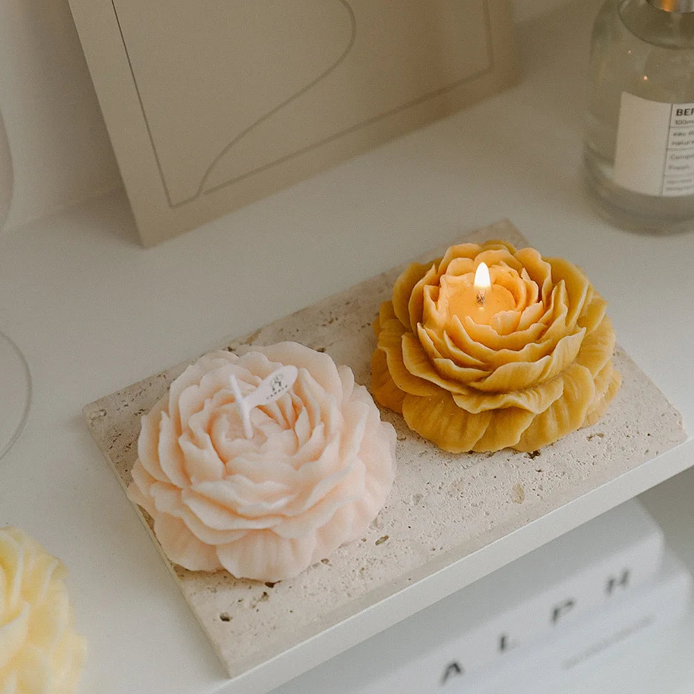 Peony sculptural candle set, white and golden-yellow flower candles with wicks