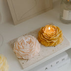 Peony sculptural candle set, white and golden-yellow flower candles with wicks