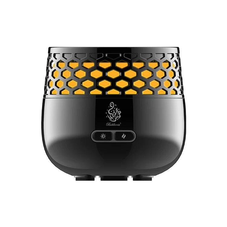 Black electric bakhoor burner with hex honeycomb grille and control icons