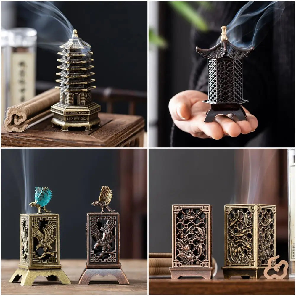 Vertical incense holder designs: pagoda and black lattice lantern style set