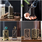 Vertical incense holder designs: pagoda and black lattice lantern style set