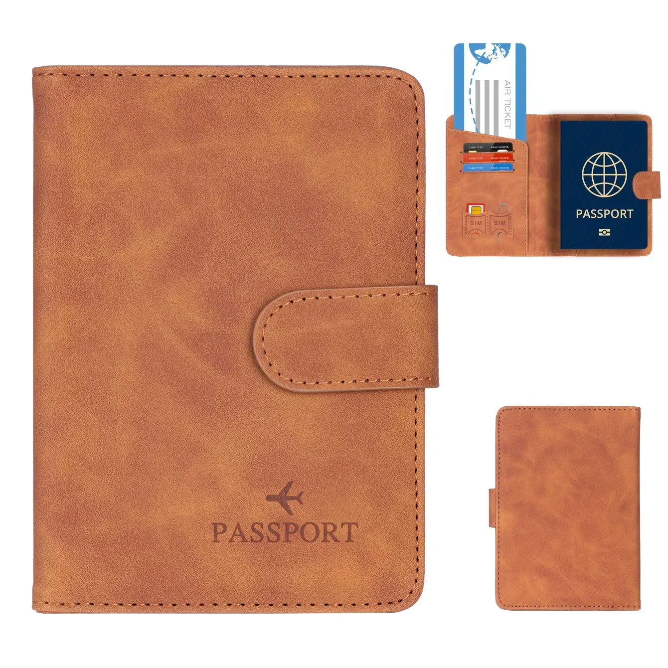 RFID passport wallet in cognac brown vegan leather, front flap with airplane icon
