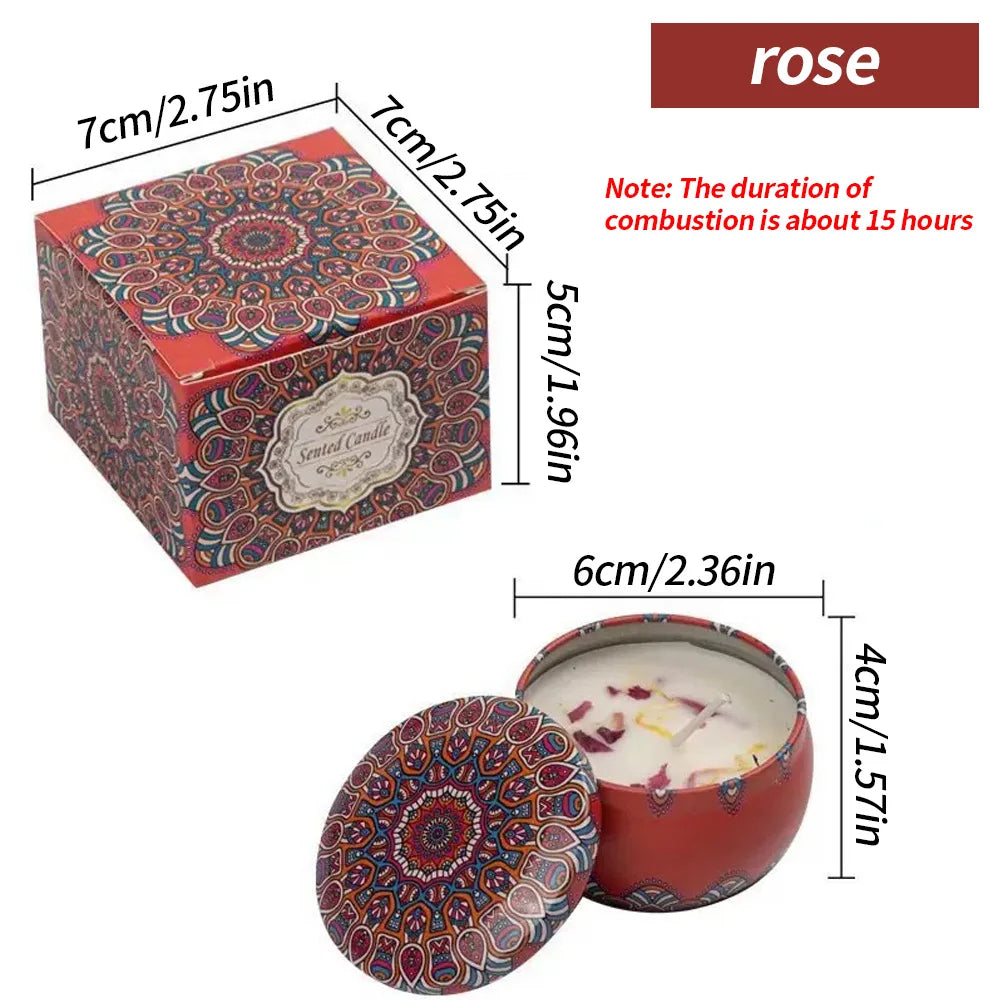 Rose floral aromatherapy candle, red patterned tin with lid and wax