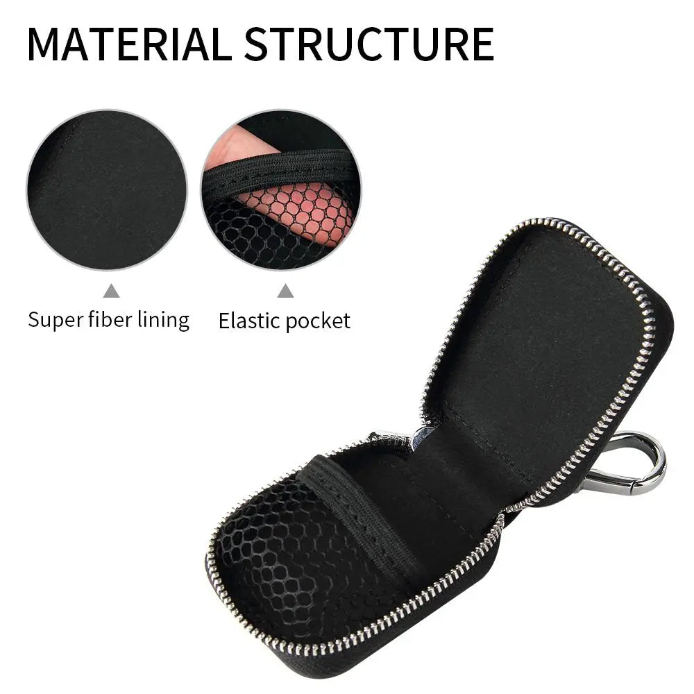 Black leather case with silver zipper trim and elastic pocket interior