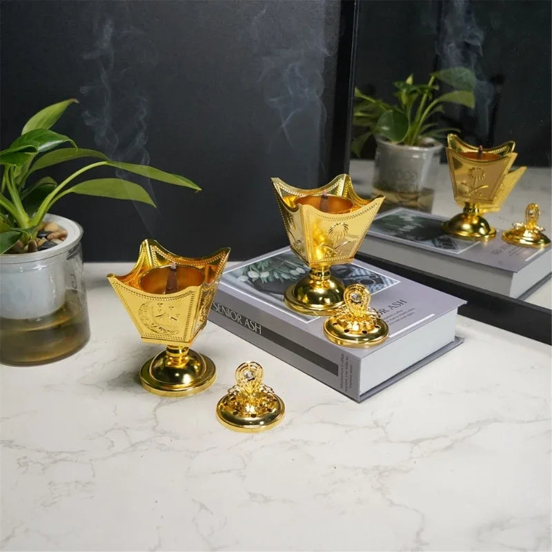 Gold incense holder with crown bowl plus separate lid dish, on round base