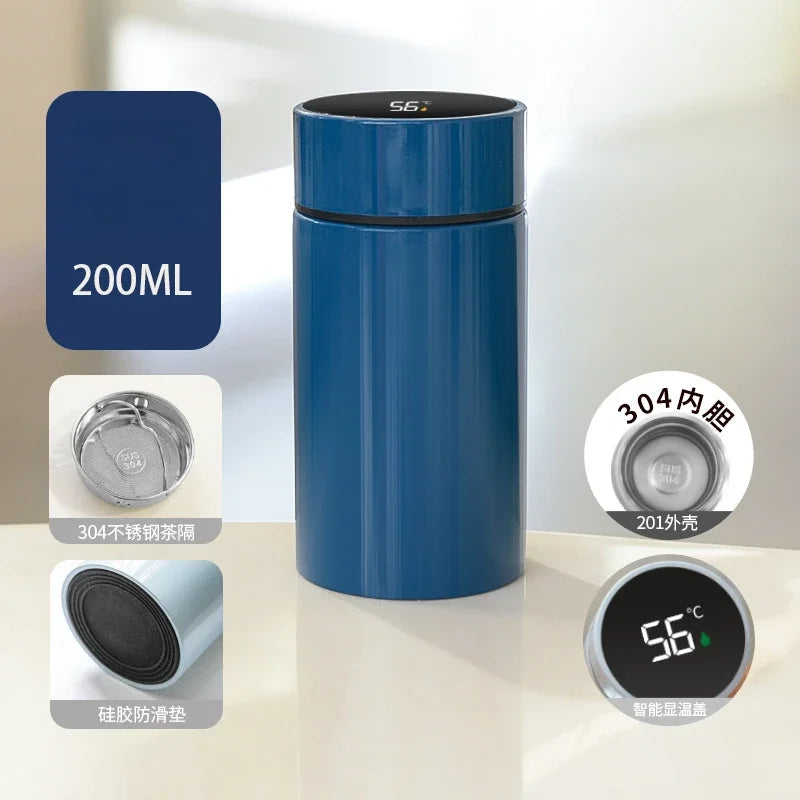 200ml compact smart thermos, blue body with digital temperature display on lid.
