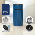 200ml compact smart thermos, blue body with digital temperature display on lid.