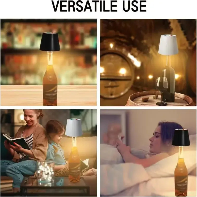Black lampshade wine bottle wireless LED lamp in home use, glowing