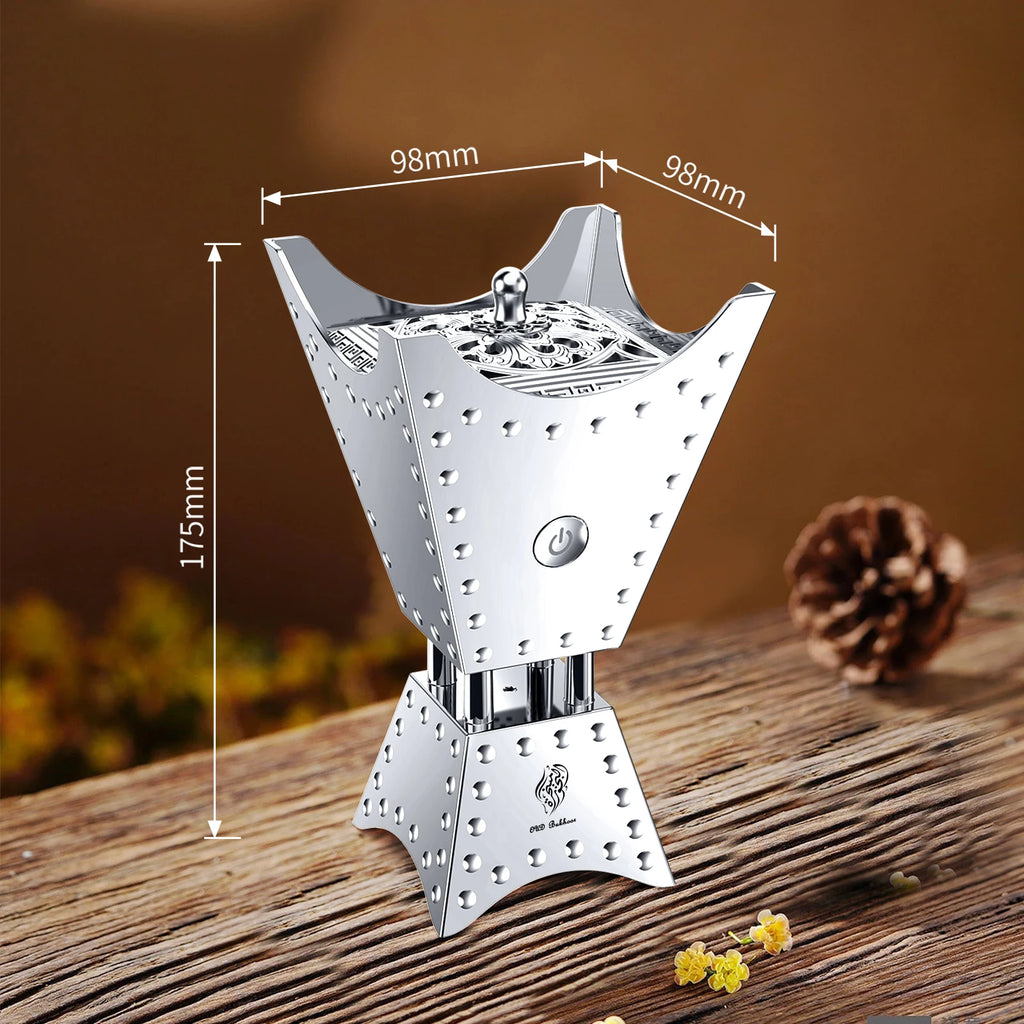 Electric oud incense burner, silver metal, with size labels 98mm and 175mm