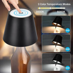 Wine bottle wireless LED lamp with dark fabric shade showing 3 color temperature modes
