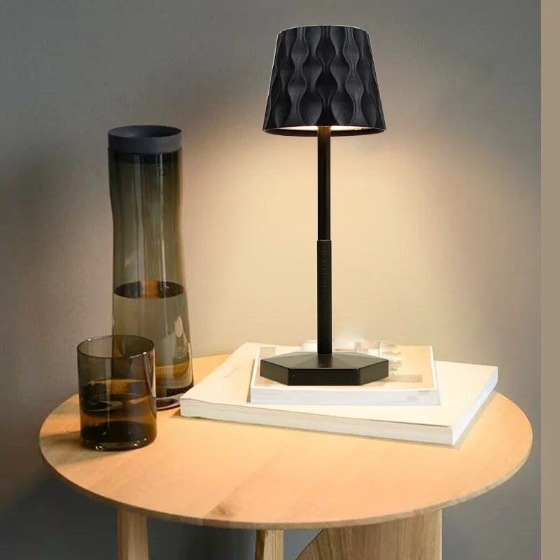 Obsidian black touch lamp with ripple lampshade, black stem and square base