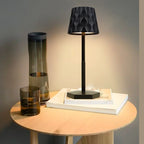Obsidian black touch lamp with ripple lampshade, black stem and square base