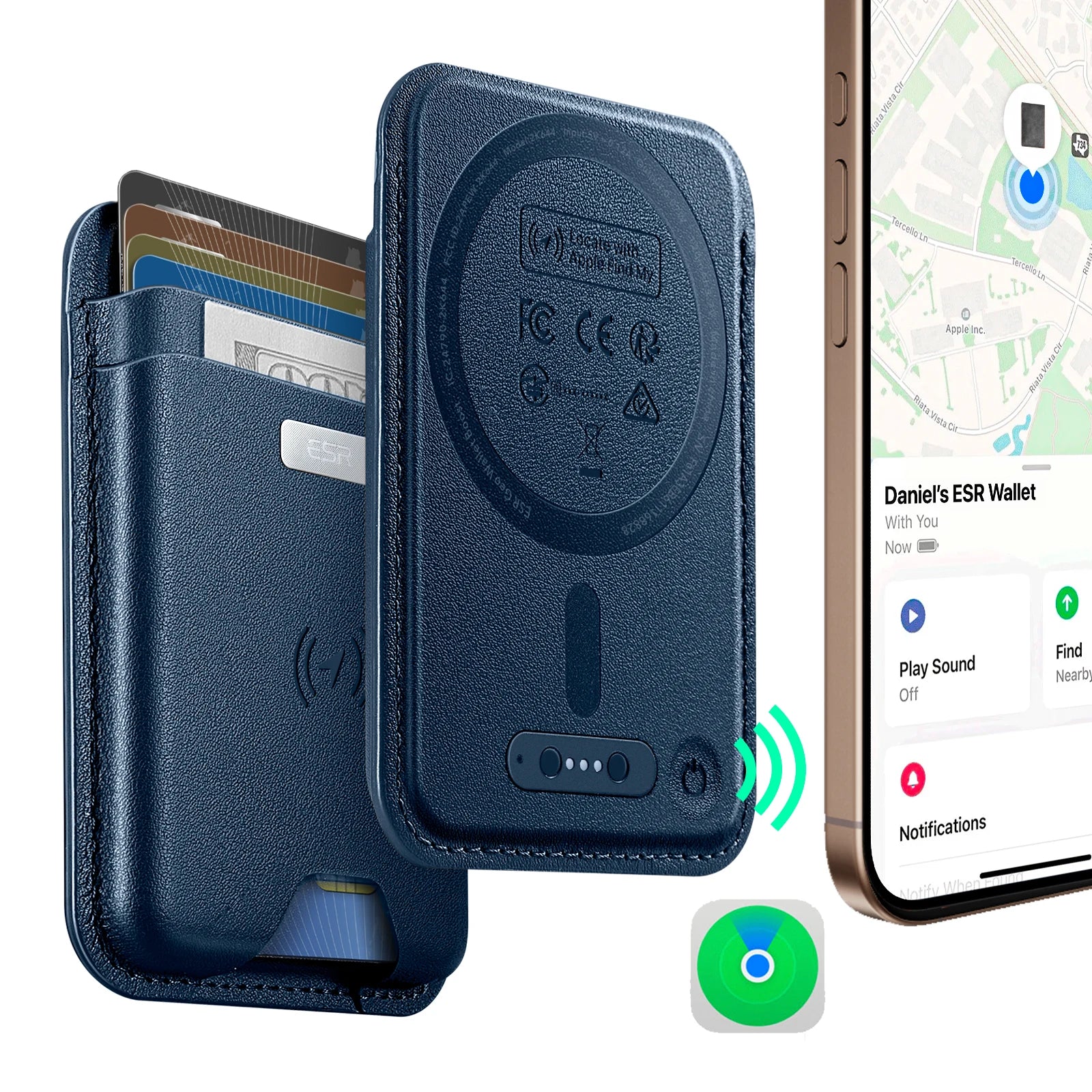 Find My Wallet in dark blue leather with card slots and slim insert