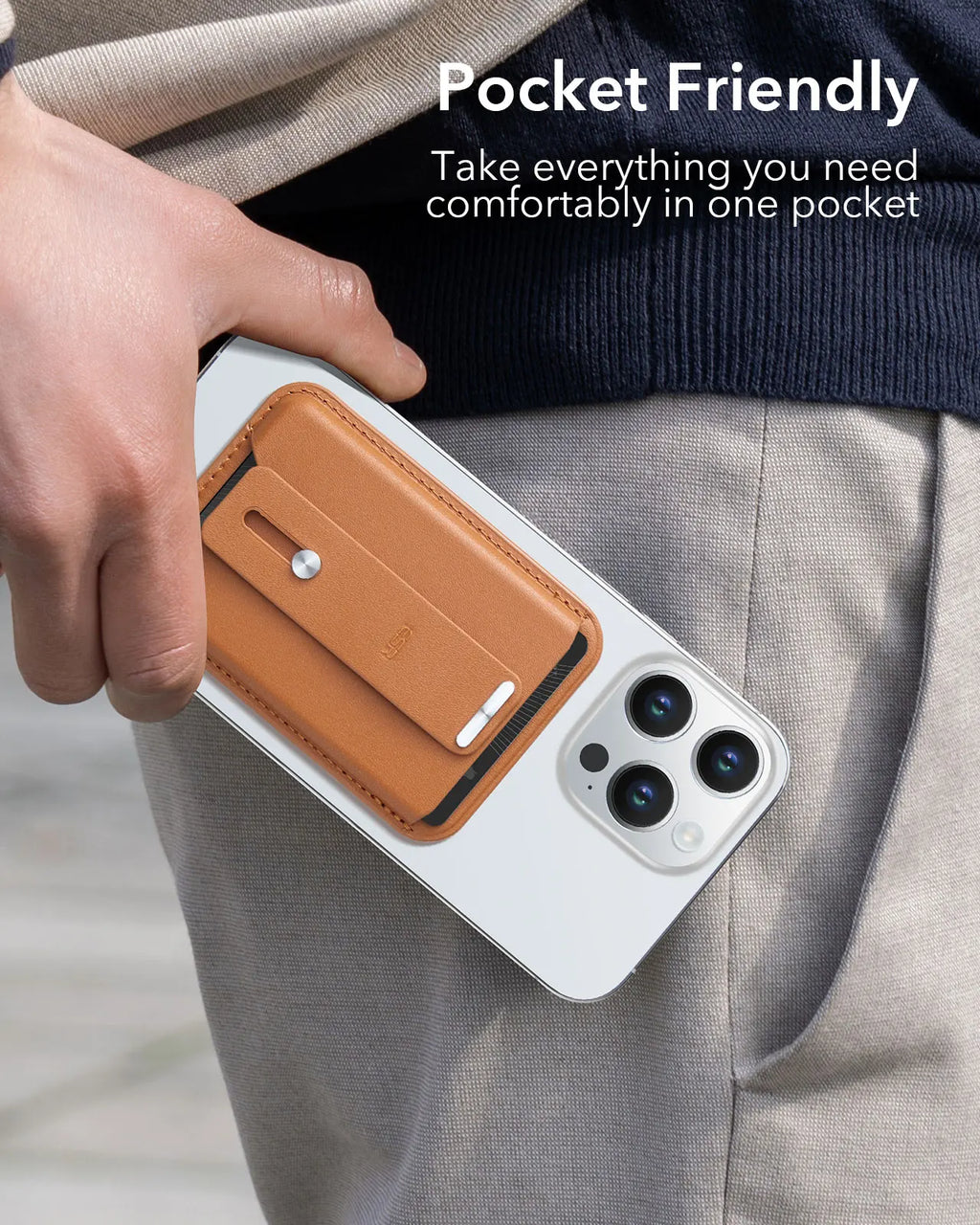Brown wallet case with card holder and finger loop, slim pocket-friendly design