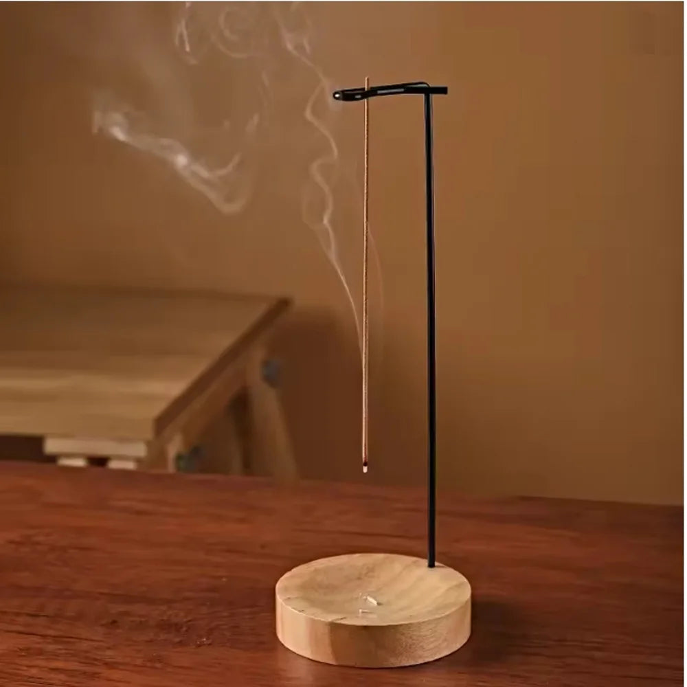 Inverted incense holder with walnut-black base and vertical metal stand