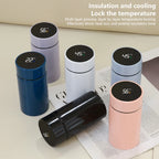 Petite smart thermos set with LED temperature displays in blue, white, lavender, and pink