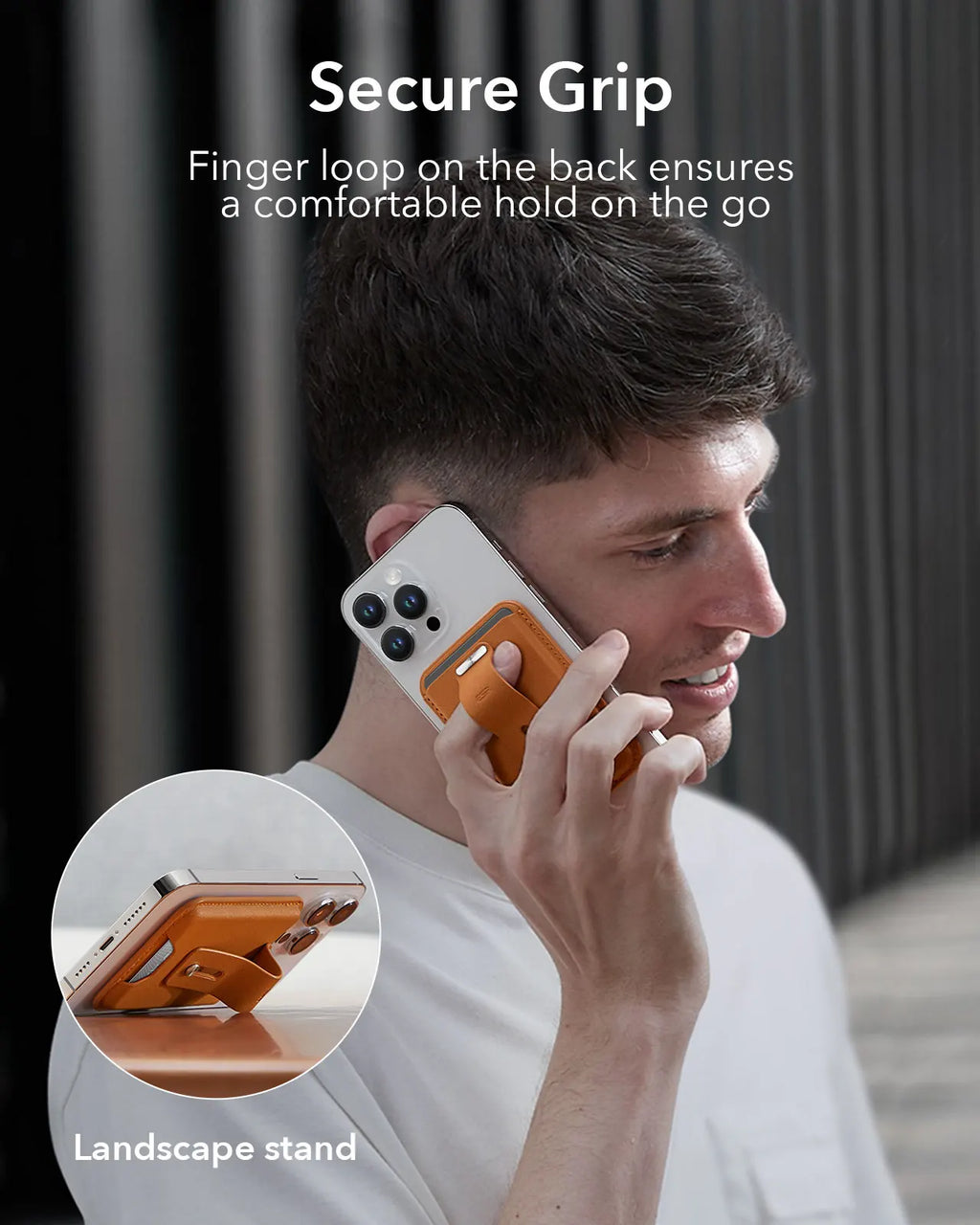 Brown wallet phone case with finger loop grip and landscape stand