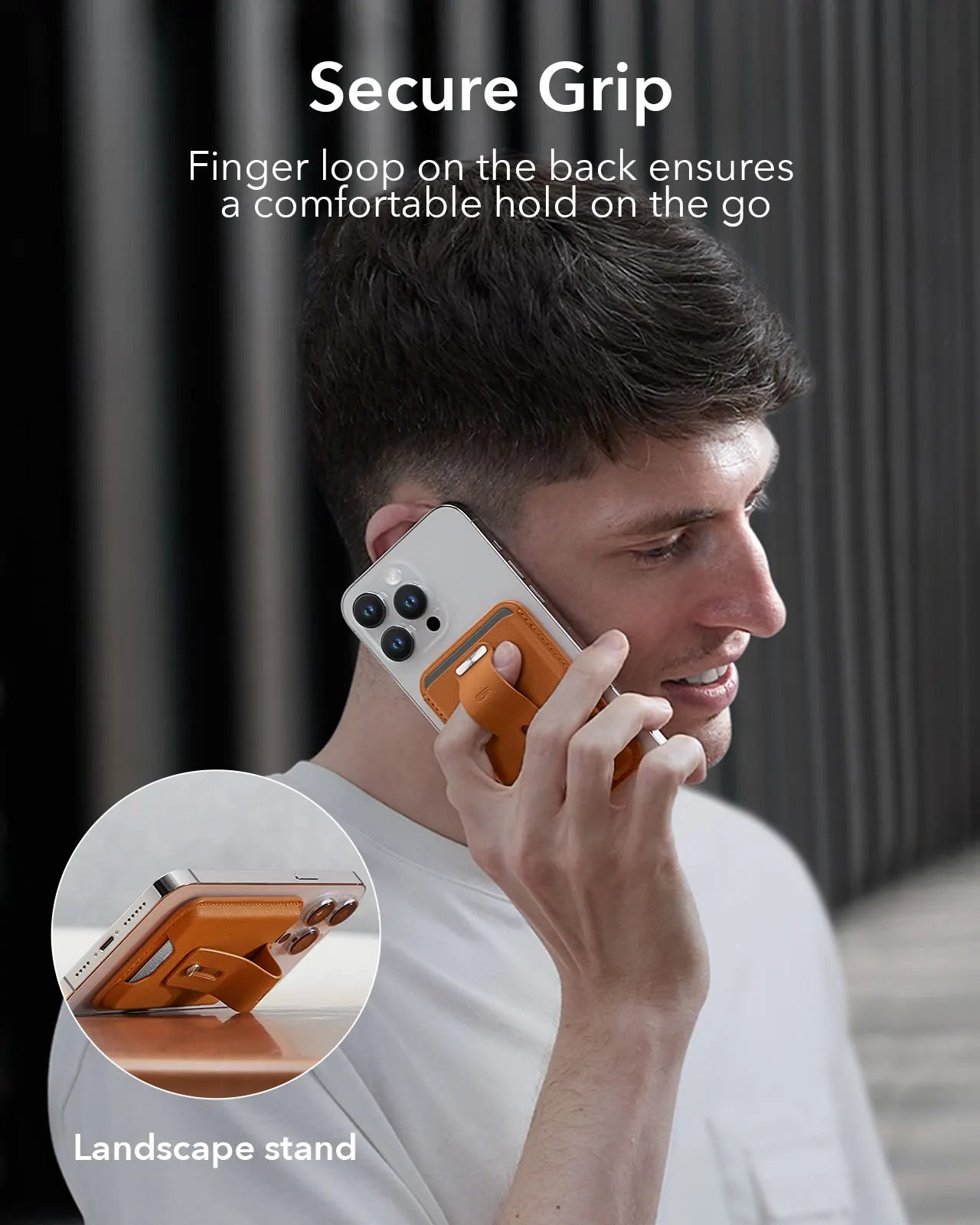 Brown wallet phone case with finger loop grip and landscape stand