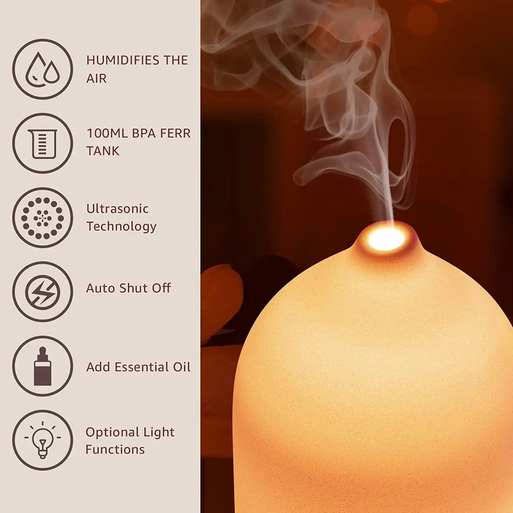 Ivory white 100ml ceramic diffuser with ultrasonic mist, 1H/2H settings and light option