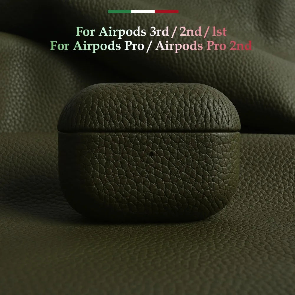 Emerald Sage leather AirPods case, closed with pebble-grain texture and small top dot