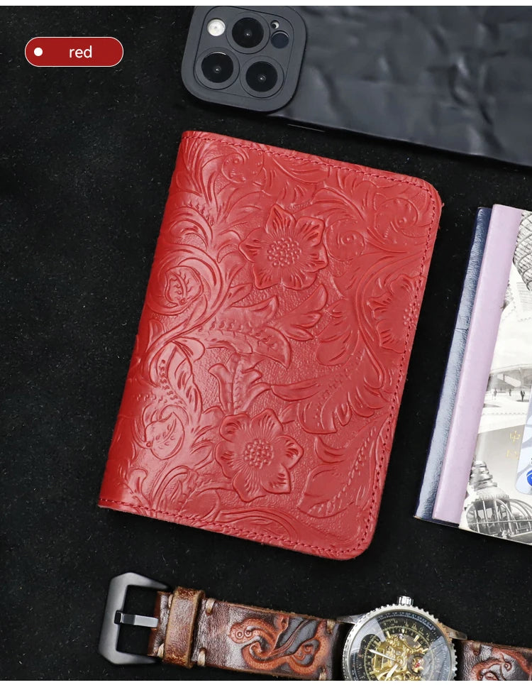 Cardinal Red leather travel folio with embossed floral relief on front cover