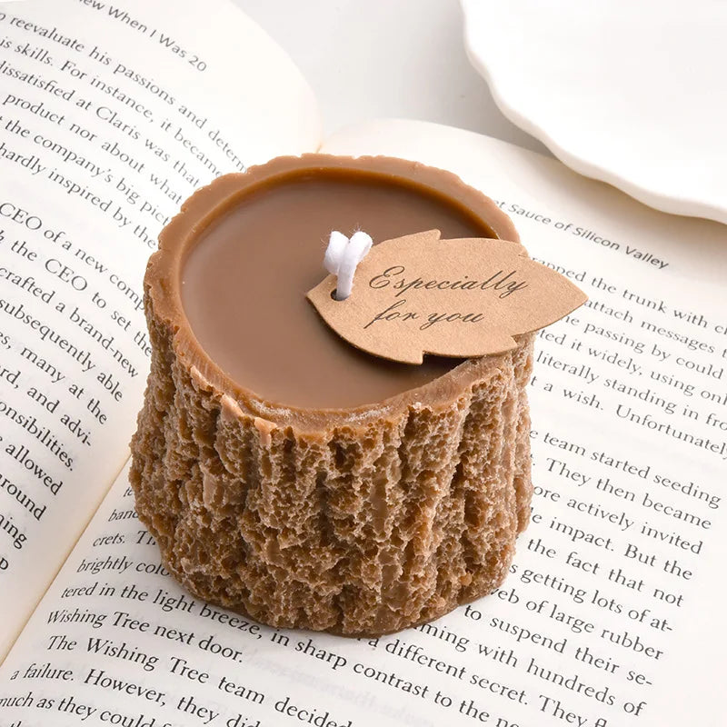 Woodland tree stump scented candle with “Especially for you” tag on top