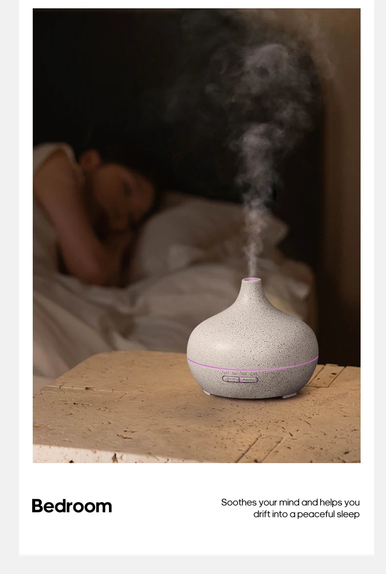 Marble-pattern aroma diffuser with purple LED light and mist