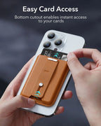 Brown magnetic wallet case with card holder and bottom cutout for access