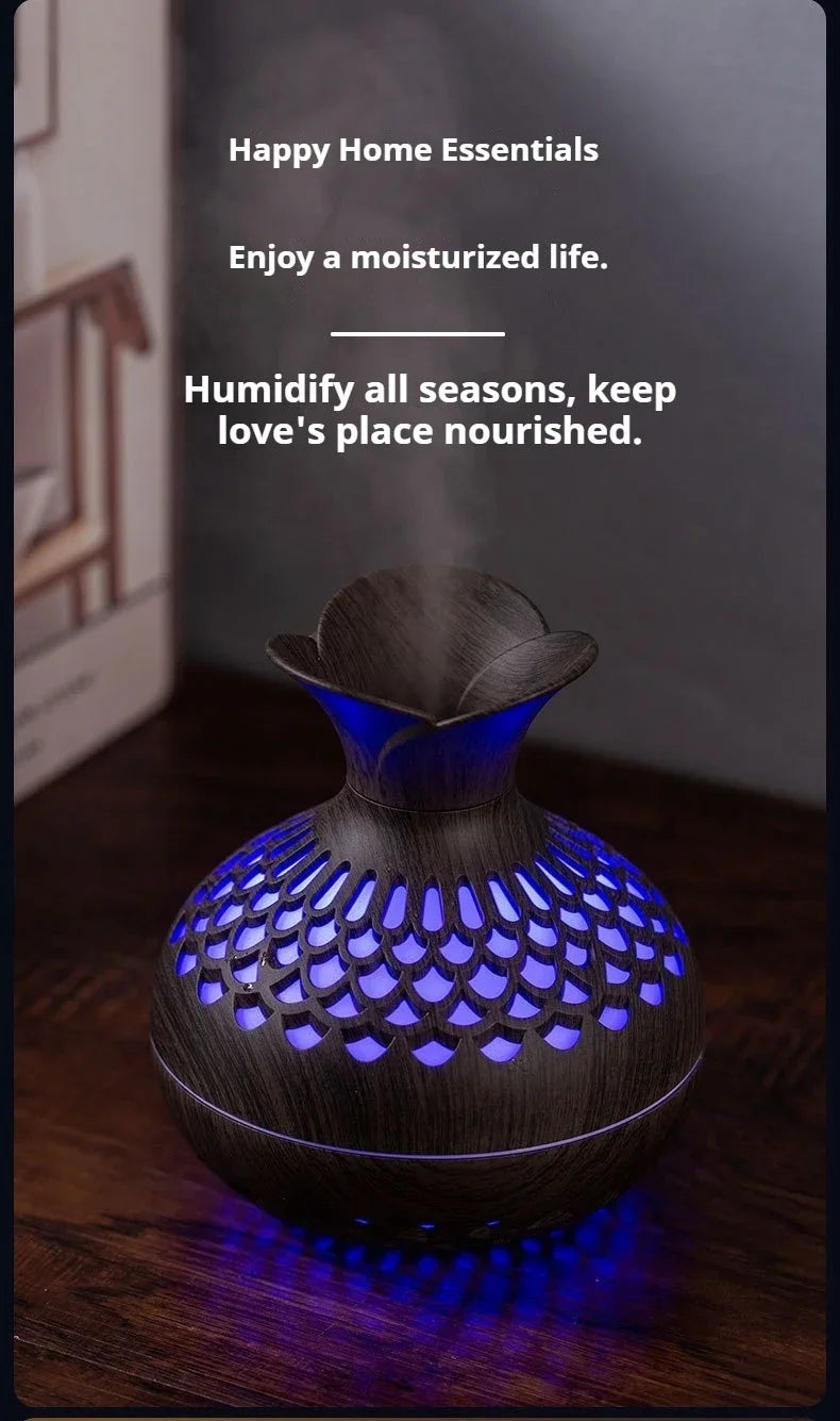 Wood grain mini vase humidifier with blue LED glow and flower-shaped top