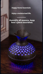 Wood grain mini vase humidifier with blue LED glow and flower-shaped top