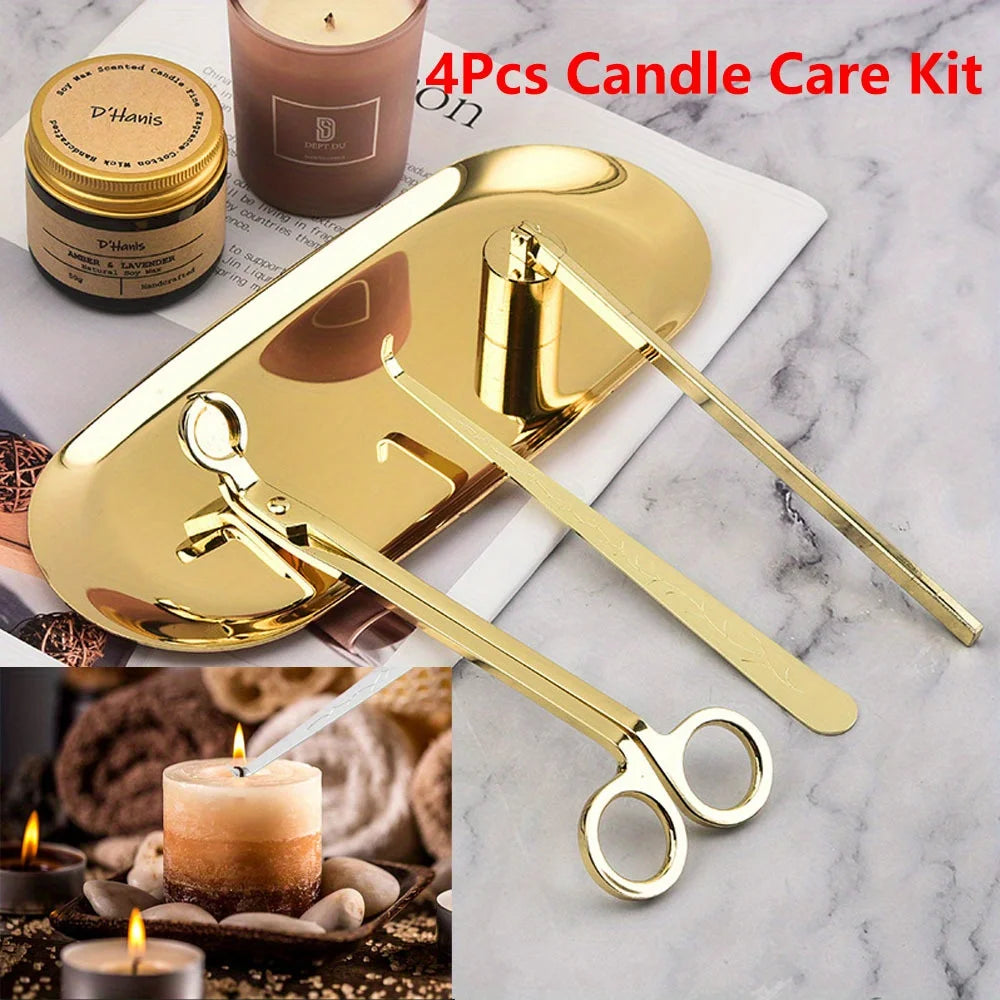 Stainless steel candle care kit, gold-toned 4-piece tools set with tray