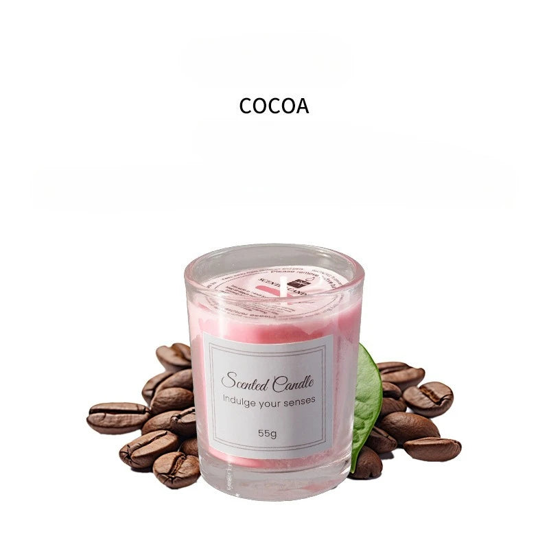 Signature scented candle in glass jar, Cocoa scent, 55g label on front.