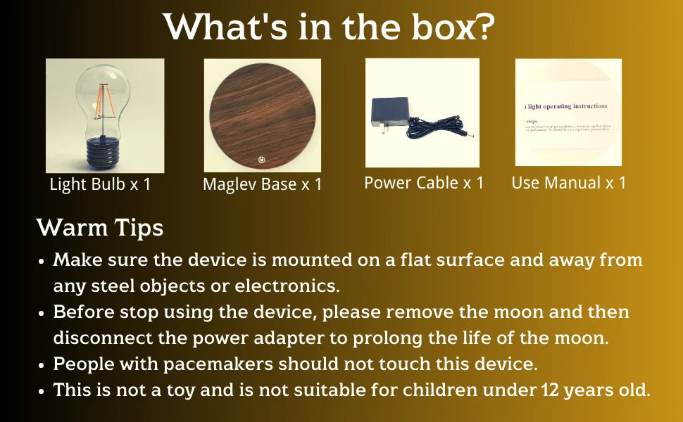 Levitating LED night lamp parts: bulb, maglev base, power cable, and manual