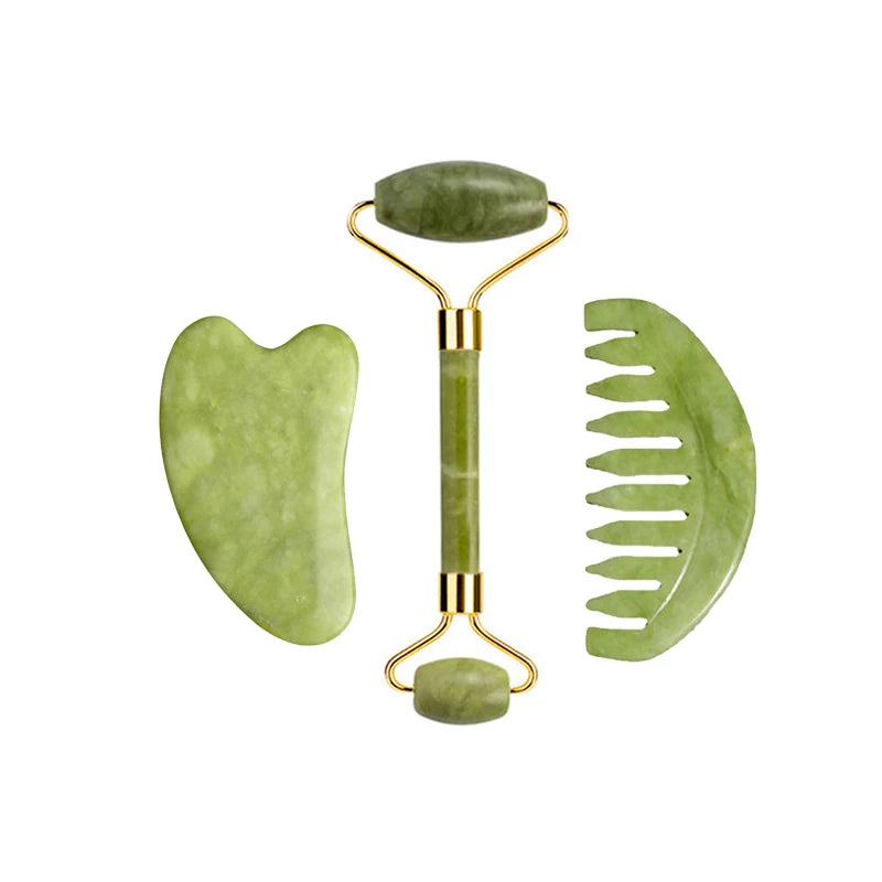Nephrite jade face roller with gold handles and oval stone head