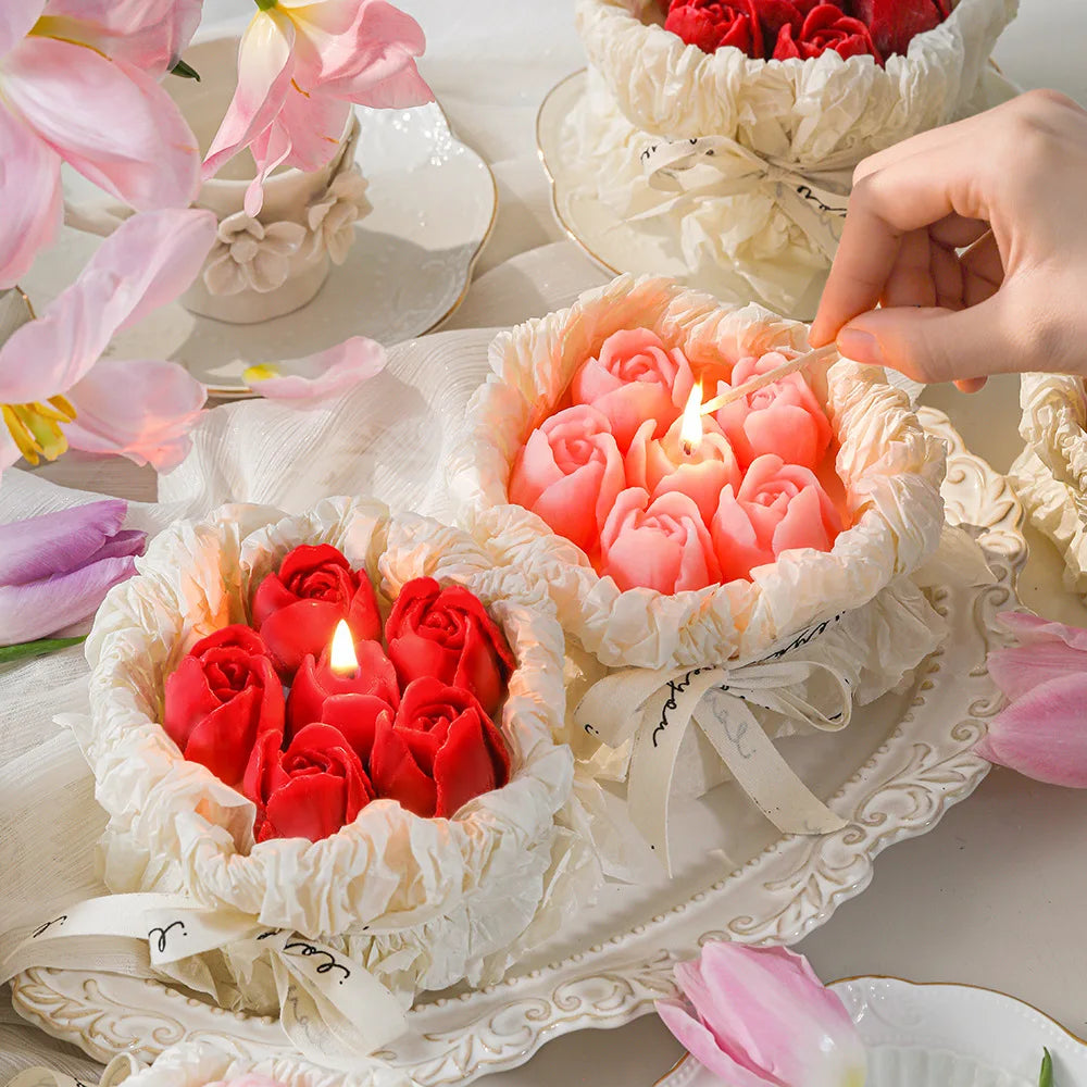 Romantic Bouquet Candle gift box with orange-pink roses; one candle lit