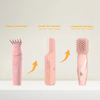 Pink electric hair bakhoor diffuser with comb head, showing 1.0, 2.0, and 3.0 versions