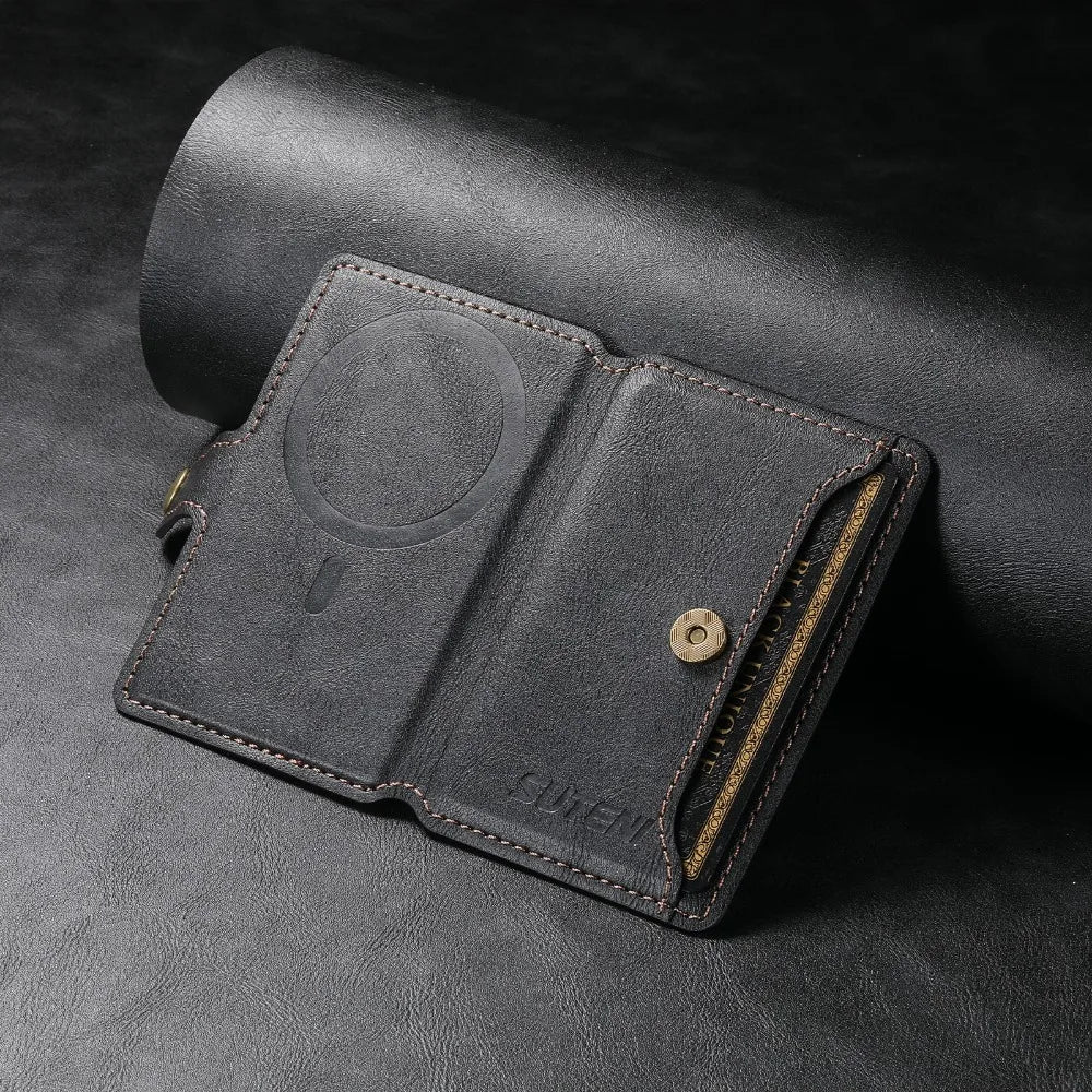 Dark gray leather phone wallet with circular magnetic area and card slots