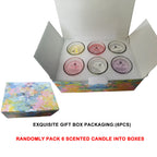 Aromatherapy candle gift box (6 pcs) open top view with candle jar lids and labels